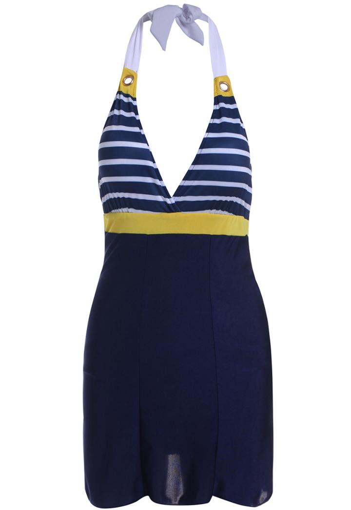 Romwe Navy Halter Striped Backless Swimwear