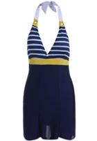 Romwe Navy Halter Striped Backless Swimwear