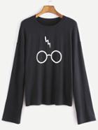 Romwe Black Glasses Print Drop Shoulder T-shirt