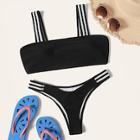 Romwe Square Neck Top With Striped Elastic Tape Bikini Set