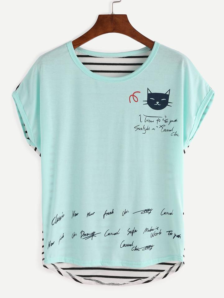 Romwe Cat Print Striped Back T-shirt - Green