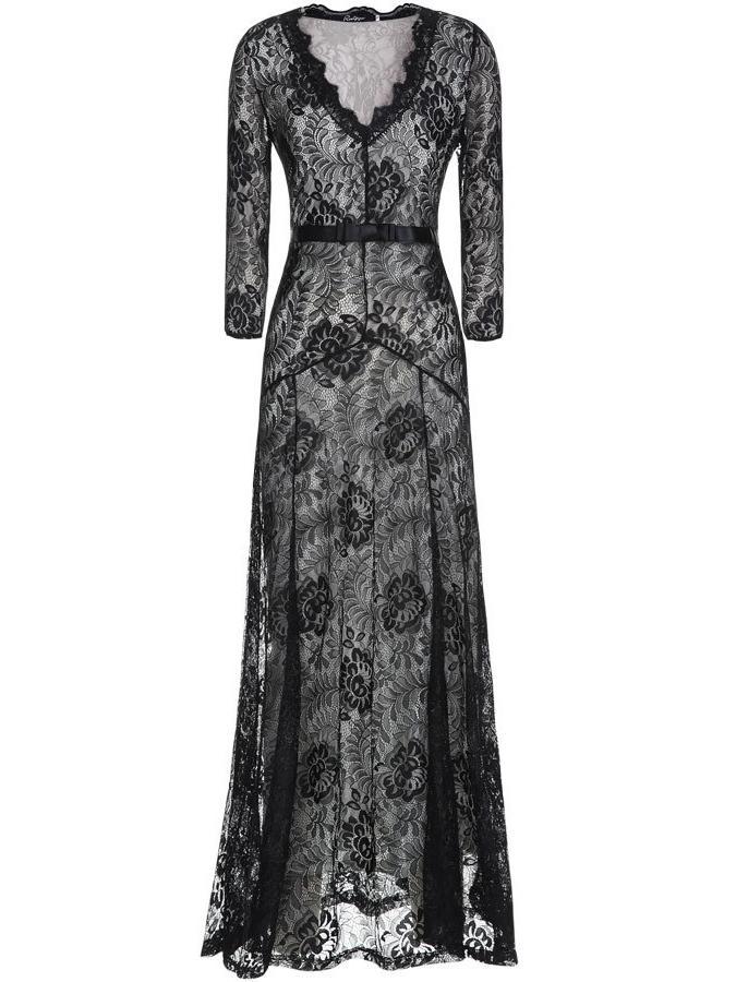 Romwe V Neck Long Sleeve Lace Black Dress