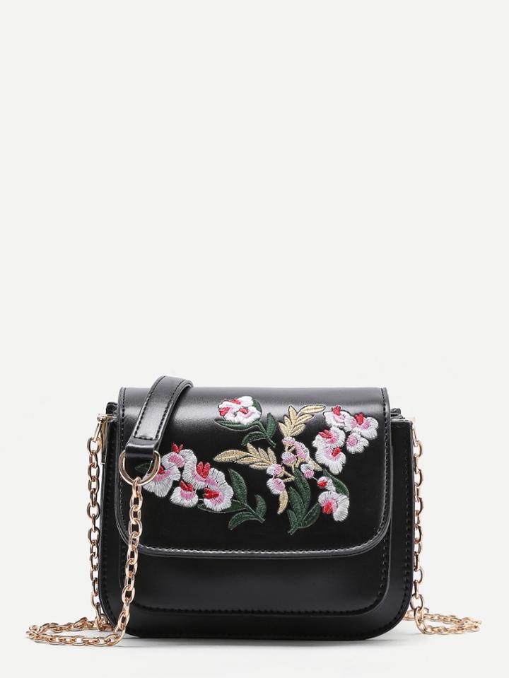 Romwe Flower Embroidery Pu Flap Bag