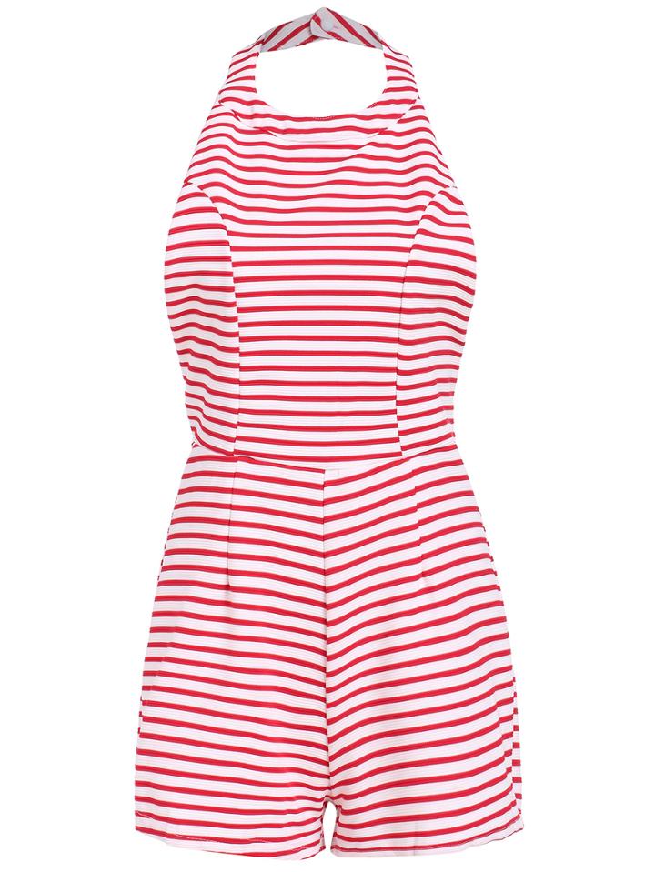 Romwe Halter Backless Striped Jumpsuit