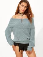 Romwe Green Foldover Off The Shoulder Sweater