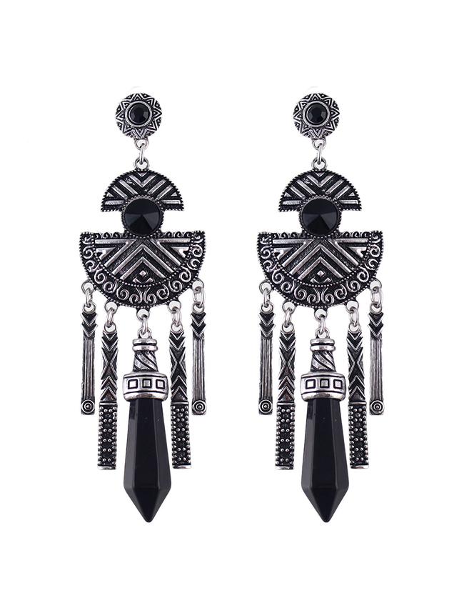 Romwe Vintage Design Imitation Gemstone Black Hanging Stud Long Earrings