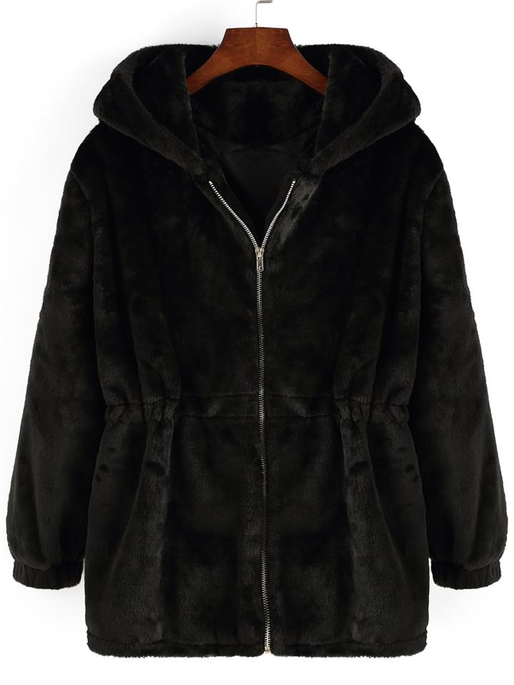 Romwe Hooded Zipper Loose Black Coat