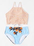 Romwe High Neck Striped Bikini Set
