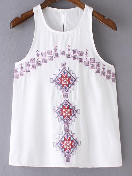 Romwe White Keyhole Back Embroidery Camis Top