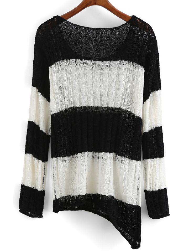 Romwe Striped Hollow Asymmetrical Sweater