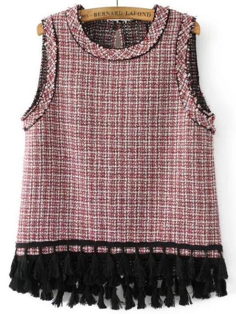 Romwe Plaid Fringe Hem Sleeveless Top