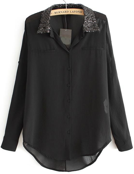 Romwe Sequined Lapel Dip Hem Chiffon Black Blouse
