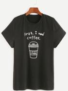 Romwe Black Coffee Print Short Sleeve T-shirt
