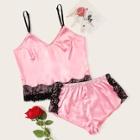 Romwe Floral Lace Satin Cami With Shorts