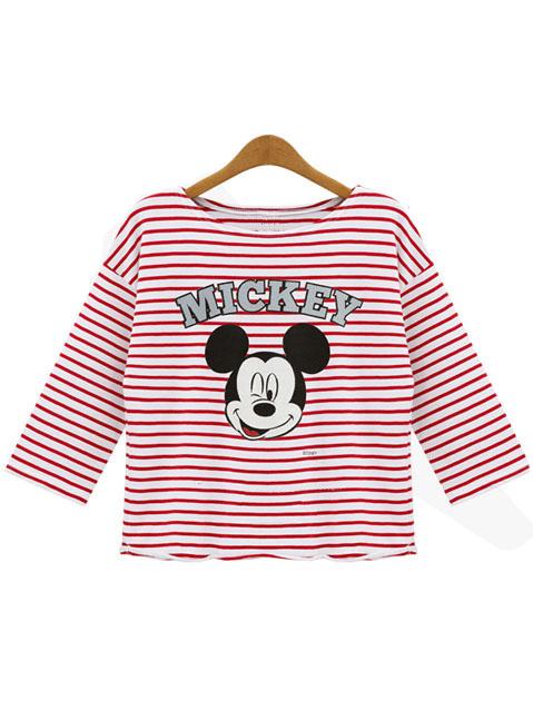 Romwe Striped Mickey Print Red T-shirt