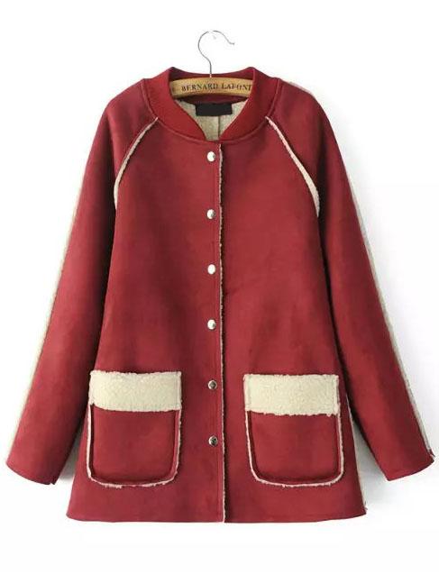 Romwe Stand Collar Pockets Burgundy Coat