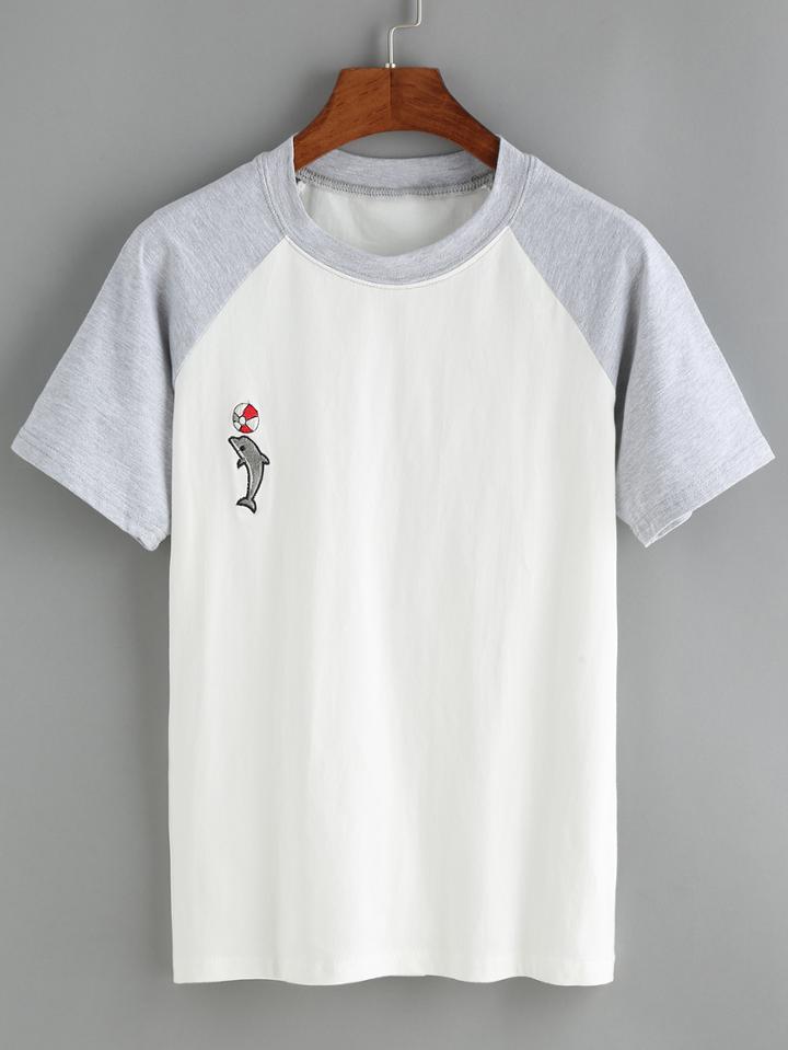Romwe Contrast Dolphin Embroidered T-shirt