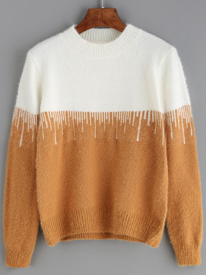 Romwe Color-block Crew Neck Fuzzy Sweater