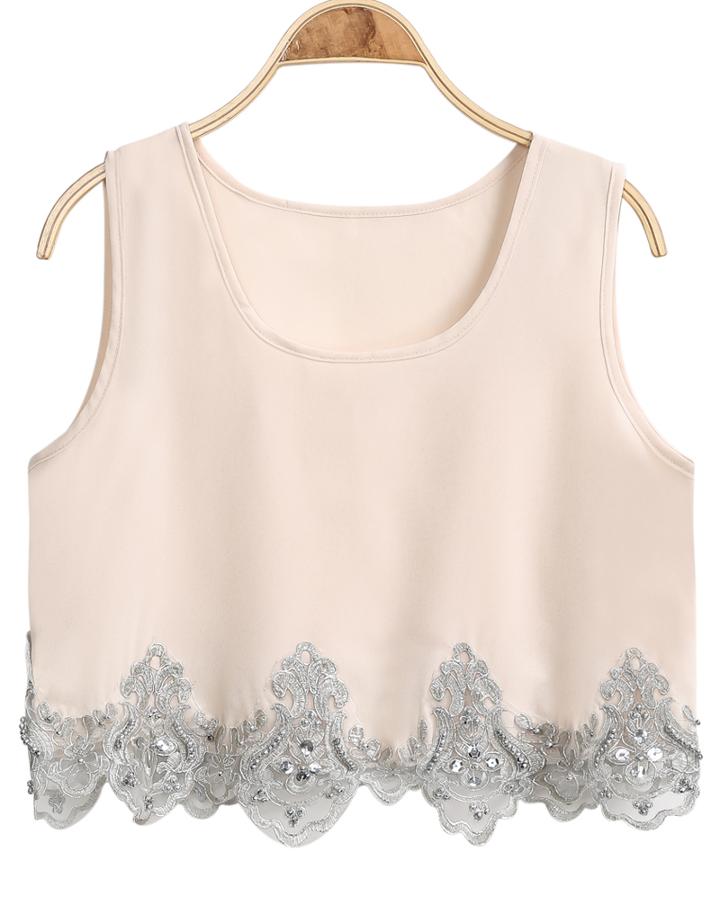 Romwe Sleeveless Embroidered Apricot Chiffon Tank Top