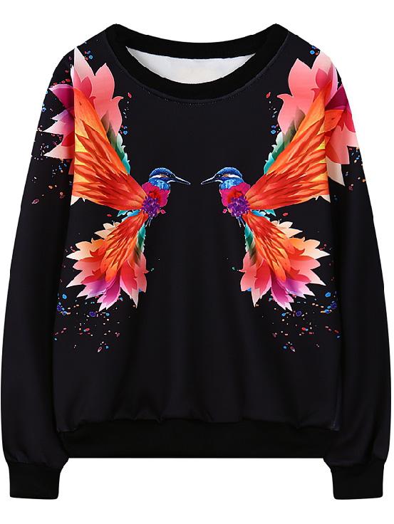 Romwe Bird Print Black Sweatshirt