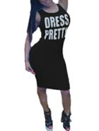 Romwe Letter Print Sheath Black Dress