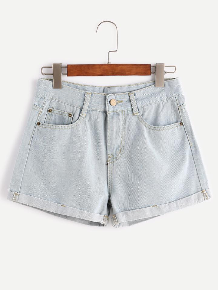 Romwe Pale Blue Rolled Hem Denim Shorts