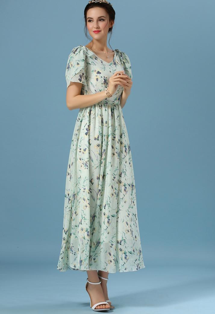 Romwe V Neck Florals Chiffon Maxi Dress