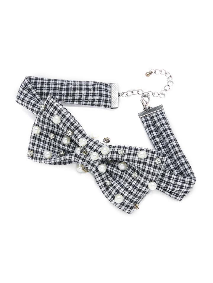 Romwe Bow Front Gingham Print Choker With Jewelry
