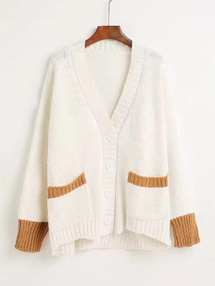 Romwe Contrast Ribbed Trim Cardigan