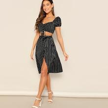 Romwe Drawstring Waist Crop Top Wrap Knot Skirt Set