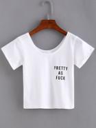 Romwe Letter Print White Crop T-shirt