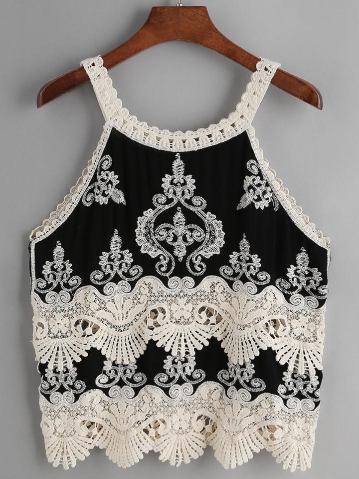 Romwe Contrast Floral Embroidered Scalloped Hem Halter Top