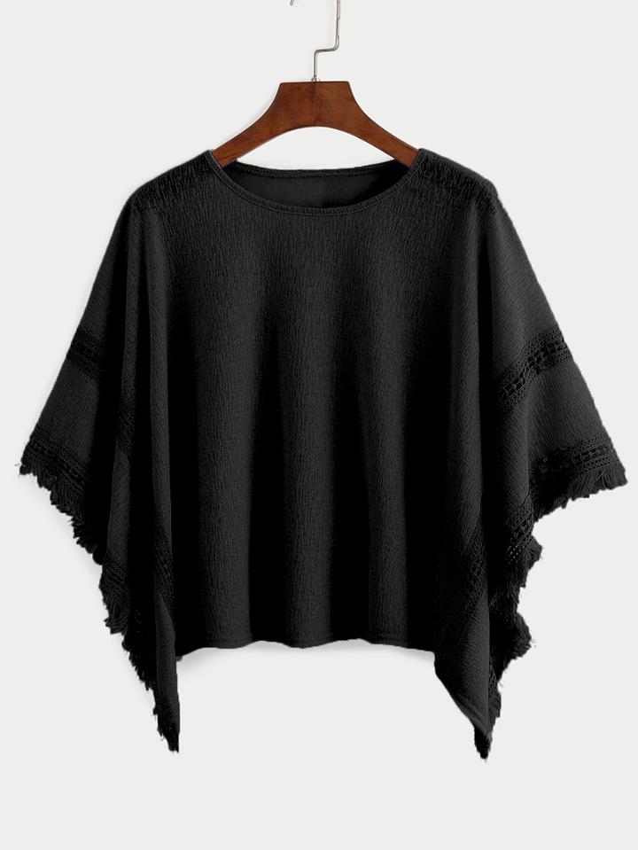 Romwe Black Frayed Lace Insert Poncho Blouse