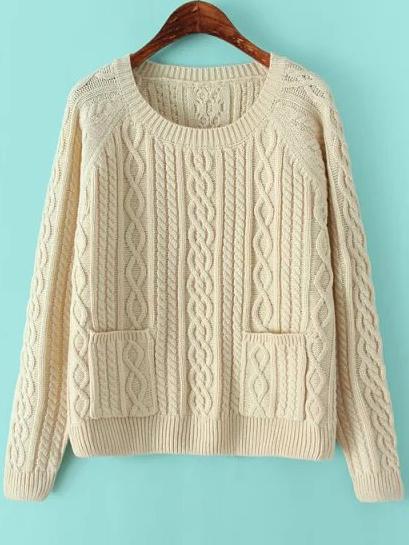 Romwe Diamond Patterned Pockets Apricot Sweater