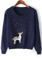 Romwe Bead Deer Print Knit Navy Sweater