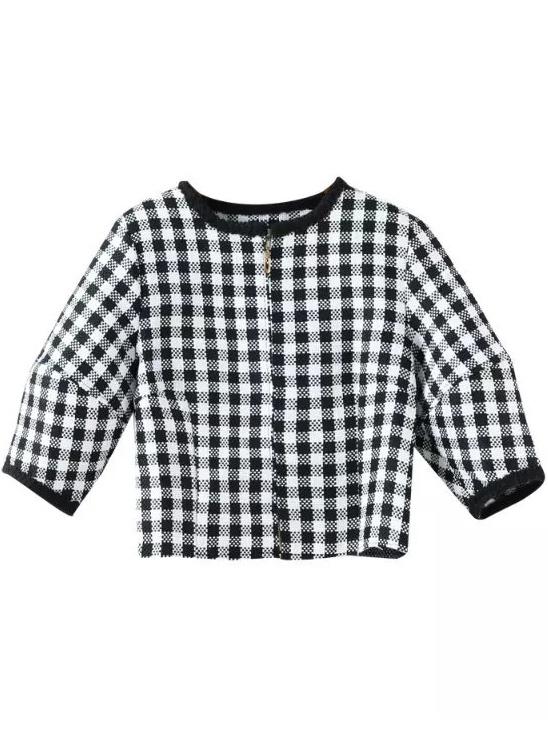 Romwe Puff Sleeve Plaid Crop Coat