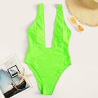 Romwe Neon Lime Plunge Neck One Piece Swimsuit