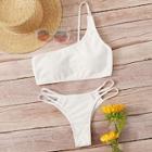 Romwe Rib-knit One Shoulder Top With Cut-out Bikini