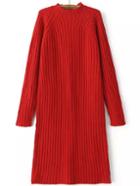 Romwe Mock Neck Raglan Sleeve Ribbed Red Sweater Dress
