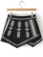 Romwe Black Elastic Waist Tribal Embroidery Culottes