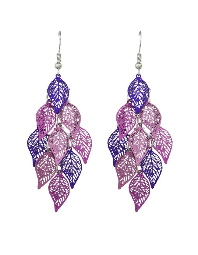 Romwe Purple Long Drop Leaf Shape Earrings