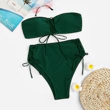 Romwe Lace-up Bandeau With High Waist Bikini Set