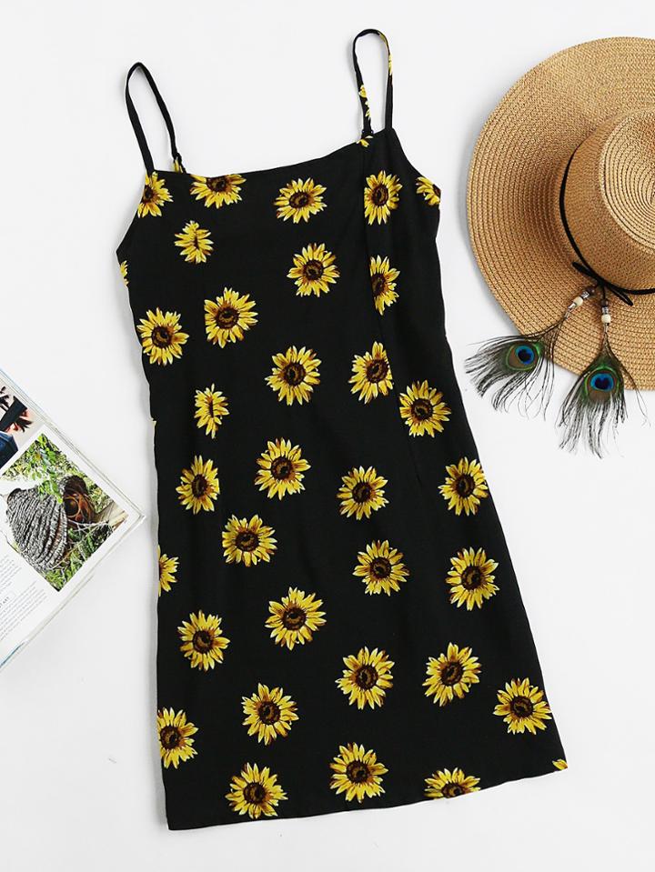 Romwe Sunflower Print Cami Dress