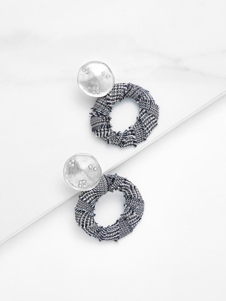 Romwe Tweed Overlay Open Round Stud Earrings