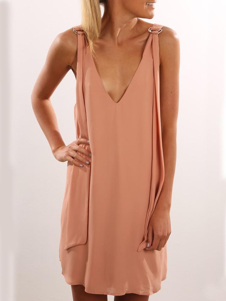 Romwe Double V-neck D-ring Strap Shift Dress - Pink