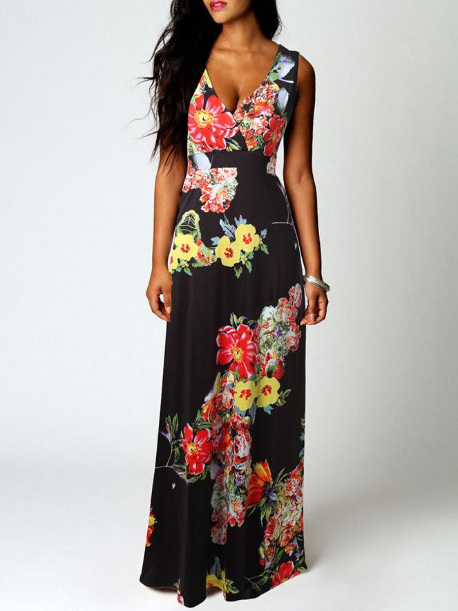 Romwe Deep V Neck Florals Maxi Dress