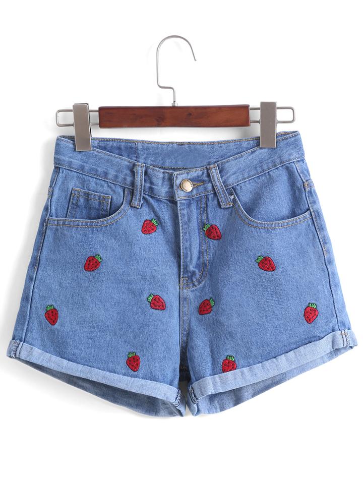 Romwe Strawberry Embroidered Cuffed Denim Shorts