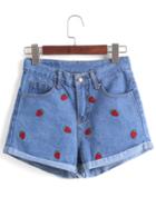 Romwe Strawberry Embroidered Cuffed Denim Shorts