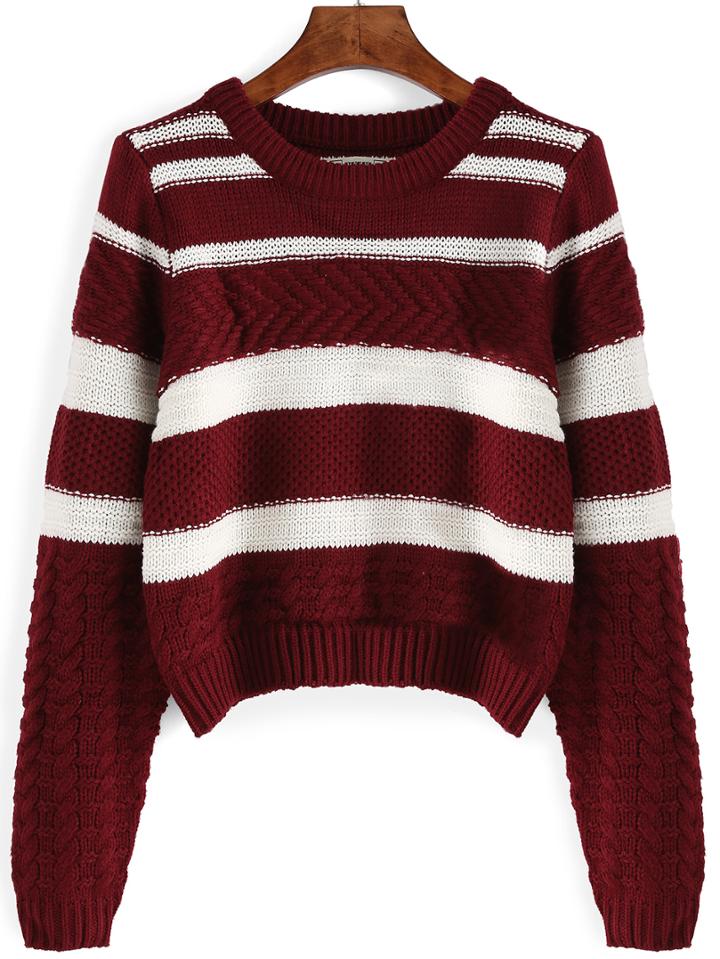 Romwe Long Sleeve Striped Crop Sweater