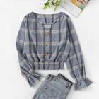 Romwe Single Breasted Ruched Hem Plaid Blouse